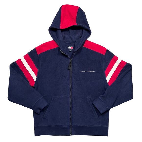 Tommy Hilfiger Logo Vintage 90s Y2K Zip-Up Hooded Fleece Jacket Mens Size Small - Picture 1 of 11